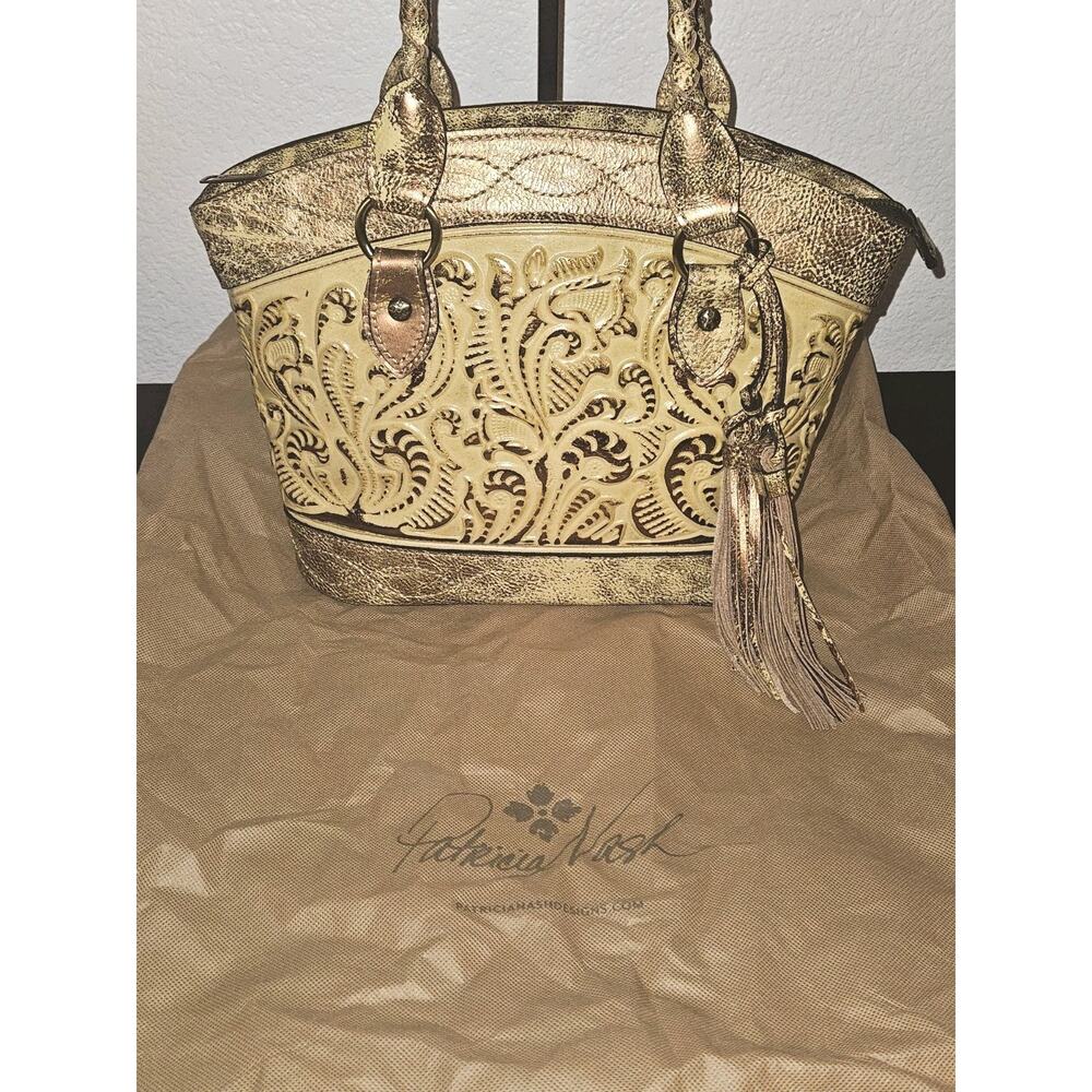 Patricia Nash Burnished Tooled Zorita Satchel Bag Metallic gold finish 14x10x4 - Picture 3 of 15